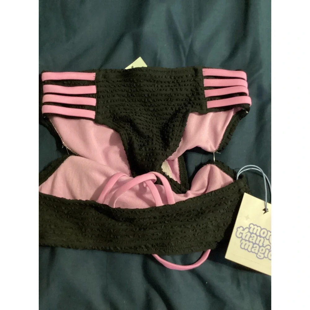More Than‎ Magic Girls Bikini Set Black Pink Smocked UPF 50+ Size S 6/6X